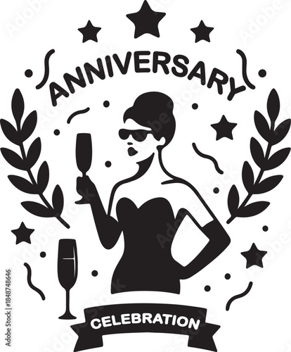 Elegant woman toasting an anniversary celebration with champagne in a festive design