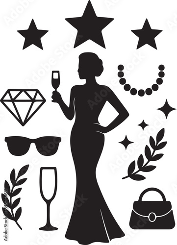Elegant woman in a gown celebrating with champagne, surrounded by luxury and glamor icons
