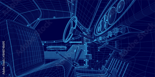 Retro sport car interior blueprint reveals a detailed wireframe view of the steering wheel and mechanical components.