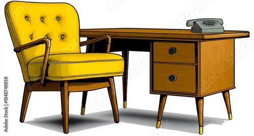 Illustrazione con poltrona e tavolo anni settanta. Fumetto.