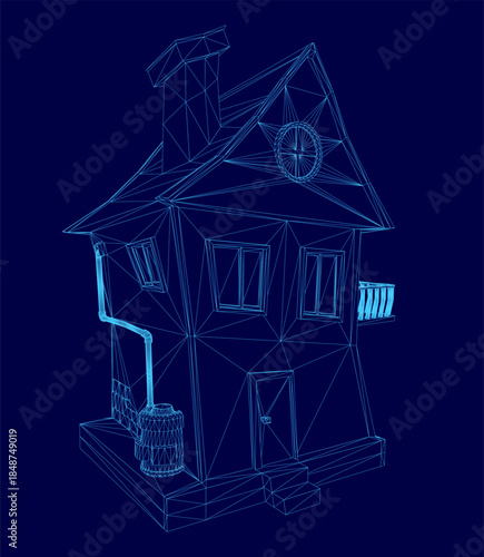 A toon-style house wireframe model with a blue background features an intricate design of geometric shapes and connecting lines.