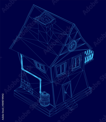 A toon-style house wireframe model with a blue background features an intricate design of geometric shapes and connecting lines.