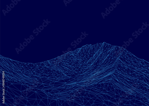 Polygonal blue mountain terrain with a wireframe design, composed of intricate lines and geometric shapes on a dark blue background.