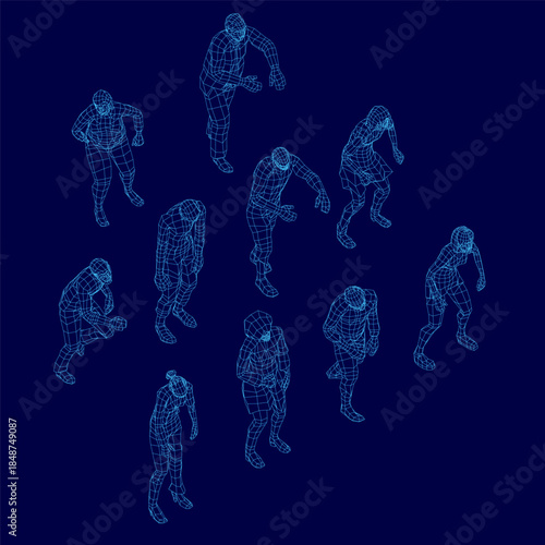 A wireframe zombie 3D model in various poses against a blue background. The detailed set provides a realistic and versatile asset for digital projects.