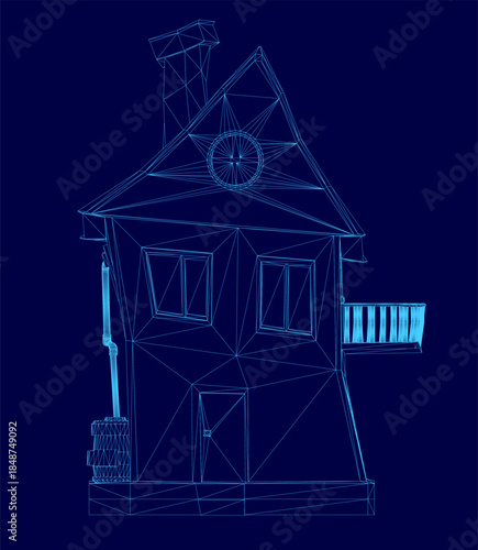 A cartoon house blueprint in wireframe style on a blue background, featuring detailed roof lines, windows, and a prominent chimney.