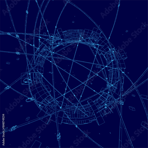 Fototapeta Naklejka Na Ścianę i Meble -  A futuristic space station blueprint with a circular wireframe structure, glowing nodes, and connecting lines on a dark blue background.