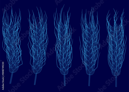 A set of blue wireframe lines on a dark blue background creates a stylized wheat sheaf. This minimalist graphic is perfect for tech and agricultural concepts.