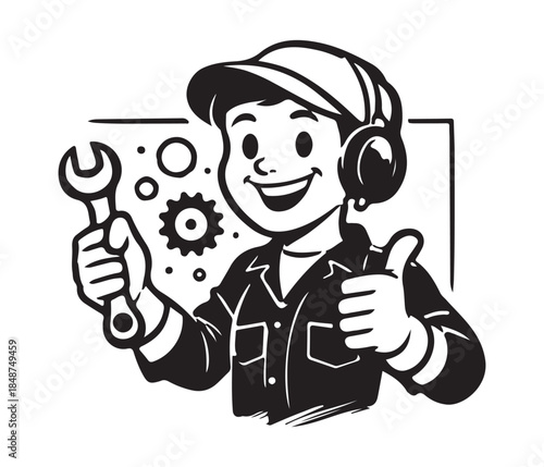 Smiling handyman character holding a wrench and giving a thumbs up