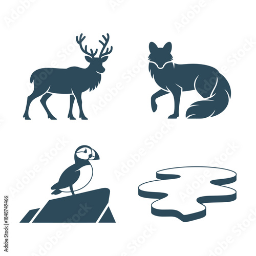 Silhouette set of arctic wildlife animals on white background. Vector illustration.