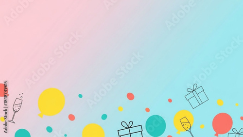 Vibrant party background with colorful balloons, gifts, and champagne glasses on pink and blue gradient, perfect for celebrations