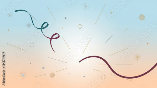 A whimsical illustration of colorful ribbons and geometric shapes on a gradient background with a sunny atmosphere and playful design elements for creative projects