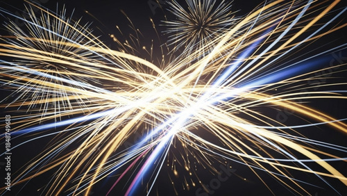 Vibrant fireworks exploding in the night sky with colorful streaks of light radiating outward from a central burst of energy and color