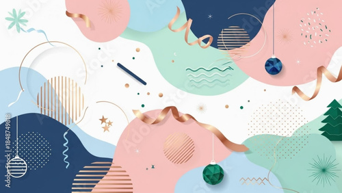 Vibrant abstract background with pastel shapes, gold accents, and decorative elements in pink, blue, green hues, perfect for design projects