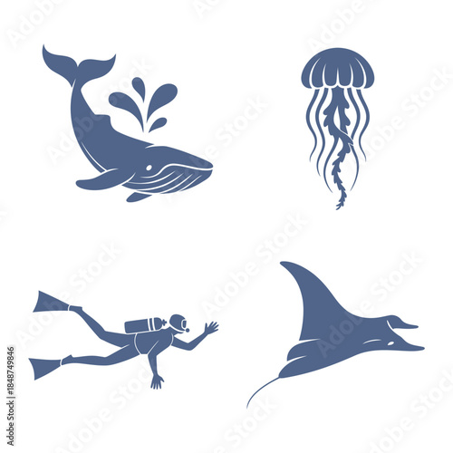 Marine creatures silhouette collection in blue