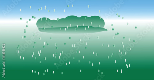 Abstract vector illustration of rain on the window with a summer sky background featuring blue clouds over a green meadow and sun light reflecting on nature