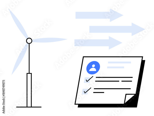 Wind turbine generating arrows representing energy near completed checklist document. Ideal for sustainability, renewable energy, environmental strategy, innovation, planning, energy efficiency