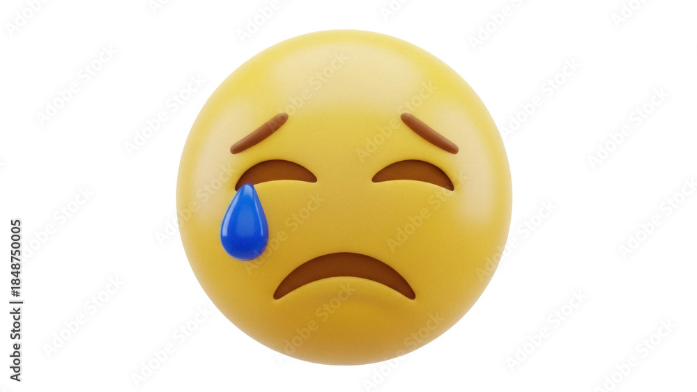 Fototapeta premium Sad yellow emoji with a blue tear isolated PNG, crying face emoticon on transparent background for social media and design use