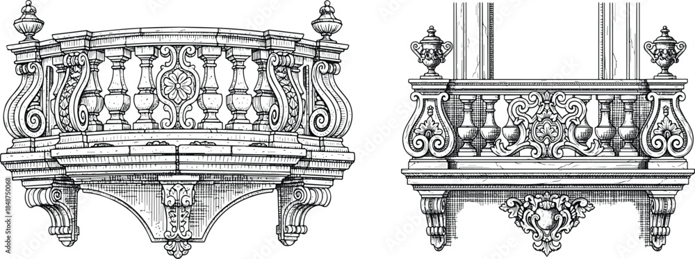 Fototapeta premium Ornate Classical Balcony Architecture Etching Engraving Style Vector Icon Set Isolated Historic Decorative Facade Illustration