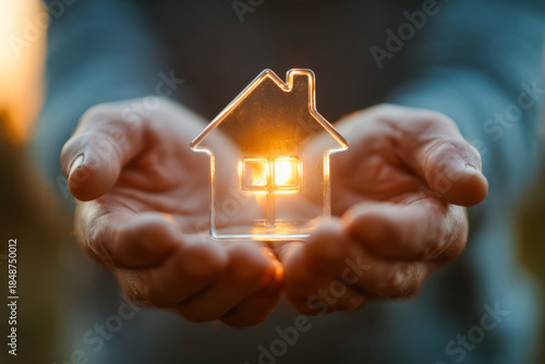 Hands gently holding a transparent glass house figurine illuminated by warm glowing light symbolizing protection and care for home and family security