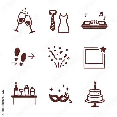 Corporate New Year party icon set with dress code dance music and cocktails