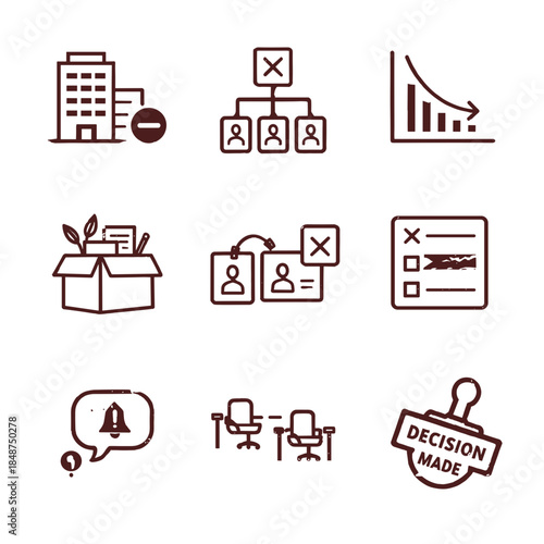 Corporate downsizing and layoff process icon set for hr communication