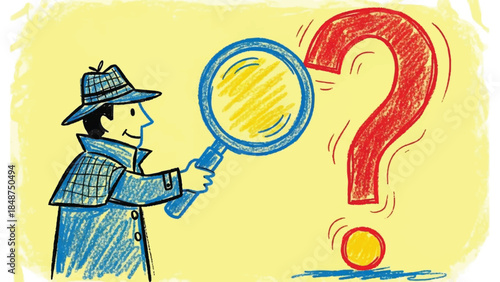Detective Holding Magnifying Glass to Question Mark Doodle Illustration