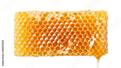 Honeycomb with dripping honey isolated PNG, natural sweetener with hexagonal cells on transparent background, healthy food and beekeeping concept