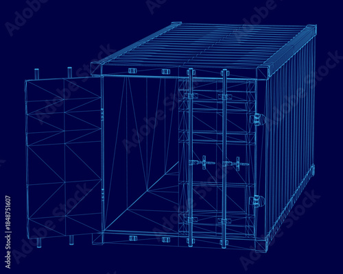 A 3D wireframe blueprint of a shipping container reveals its structural framework on a solid blue background.