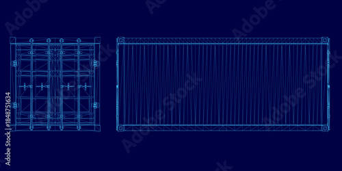 A detailed wireframe blueprint of a shipping container is displayed on a solid blue background, highlighting its structural components and technical specifications.