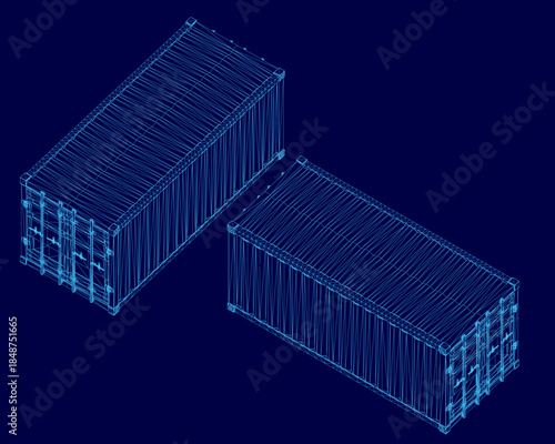 Blueprint wireframe of two detailed shipping containers on a stark blue background. The contrasting white outlines highlight their distinct shapes and sizes.