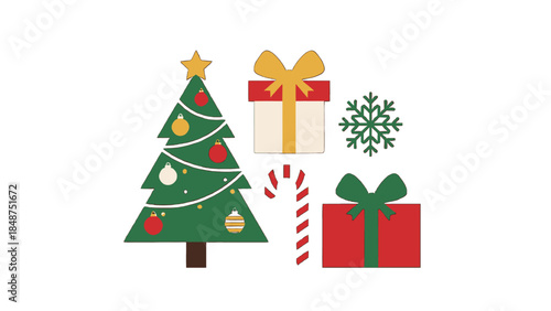 Festive Christmas tree with gifts and candy cane, celebrating the holidays