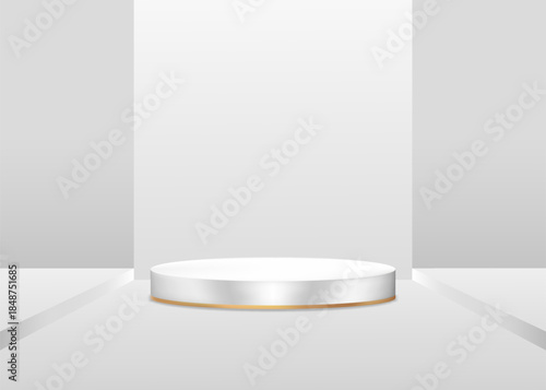 Background white round pedestal stage with 3d gold base trim,Minimalist wall studio with light,shadow on silver podium floor,Showcas product luxury packaging mockup with soft gradient grey backgroun