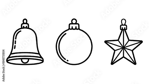 Simple line art icons of festive Christmas ornaments: bell, bauble, and star.