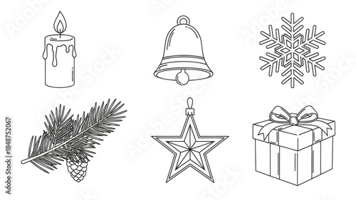 Simple line art icons for Christmas and winter holidays, perfect for festive designs.