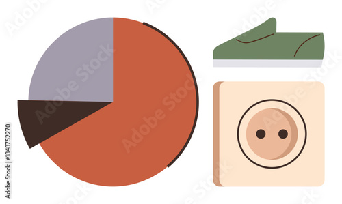 Orange and purple pie chart with power socket and green power plug. Ideal for energy efficiency, consumption analysis, sustainability, power-saving tips, electricity management, eco-awareness, simple