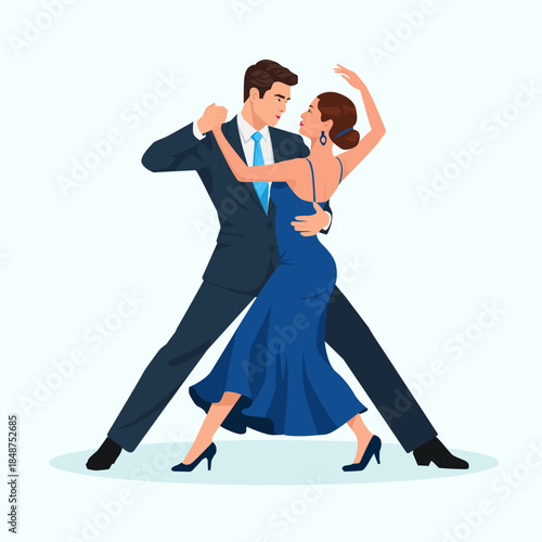 Couple dancing tango on a white background. Argentine tango. Romantic couple dancing. People in love. Relationship concept. Couple dancing tango. Two people hugging. Valentine's Day. Vector.