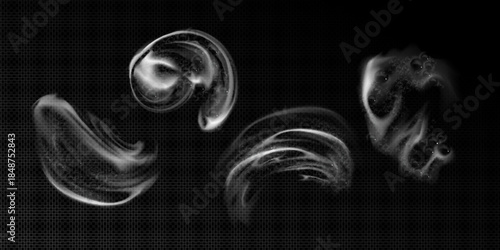 Soap foam texture overlay with soapy bubble patterns and stains on transparent dark glass background. Realistic sponge wash effects for cleaning product mockup or laundry detergent presentation design