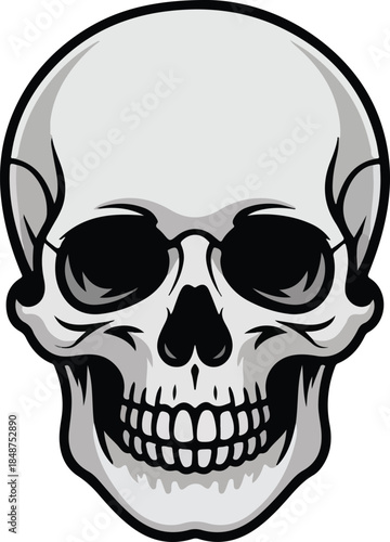 Gothic Vector Skull Illustration with Black Outlines and Gray Shading for Halloween Designs