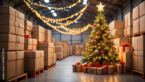 Festive Christmas logistics warehouse with decorated tree and parcels