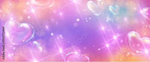 Heart shaped bubbles with sparkle effects on pink and purple gradient background. Magical holographic hearts with glitter and rainbow light, romantic design. Dreamy heart bubbles with shimmering glow