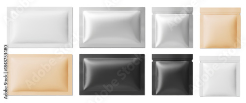 Sealed sachet mockups set isolated on white background. Vector realistic illustration of black, yellow, silver plastic zip packages for cosmetic or food product, individual pack layout for branding
