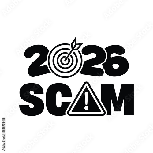Bold black “SCAM 2026” typography with exclamation mark warning triangle, modern graphic design on white background, concept for fraud alert, cybercrime risk, financial scam awareness artwork.