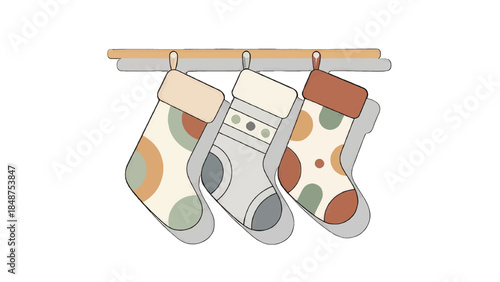 Festive holiday stockings hang on a wooden shelf, ready for gifts and Christmas cheer.