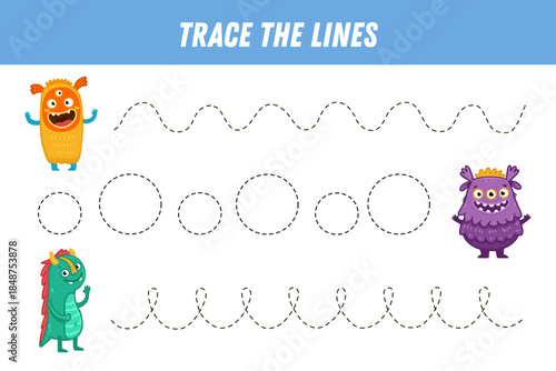 Tracing lines for kids. Cute cartoon monsters. Handwriting practice. Educational game for preschool kids. Activity page. Vector
