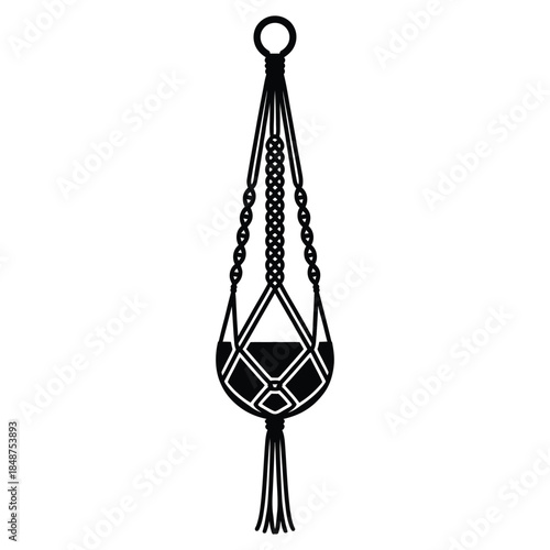 A black silhouette of macrame plant hanger, intricate knotted design holding a potted plant, symbolizing bohemian decor and handmade craft