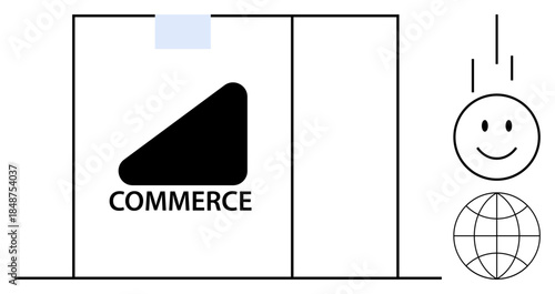 E-commerce concept. E-commerce with a geometric logo, smiling face, and globe. E-commerce connects digital platforms, global trade, and online shopping. For business, marketing websites apps