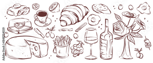 French breakfast food doodle set on white background. Vector illustration of wine bottle and glass, coffee cup, cheese, croissant, vase with flowers, restaurant menu design, vintage picnic snacks