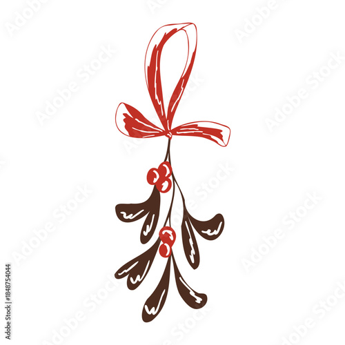 Hanging mistletoe with a red bow in simple hand drawn style. Vintage art with festive colors for Holiday celebration. Vector whimsical illustration for cards, packaging, sticker