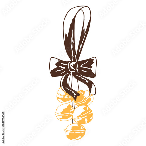 Christmas jingle bells tree ornament in simple hand drawn style. Vintage art with festive colors for Holiday celebration. Vector whimsical illustration for cards, packaging, sticker