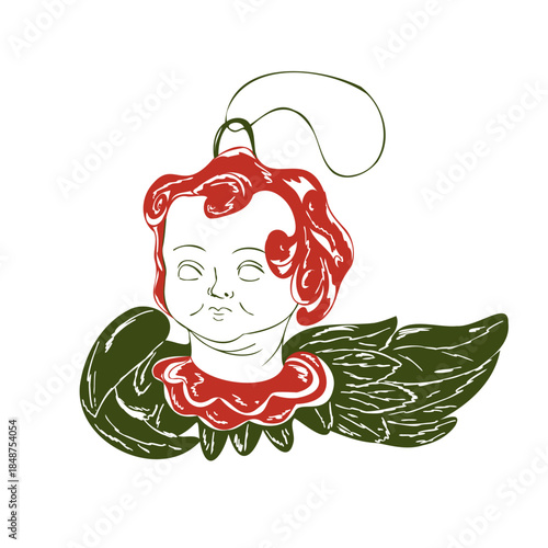 Christmas angel tree ornament in simple hand drawn style. Vintage cherub art with festive colors for Holiday celebration. Vector whimsical illustration for cards, packaging, sticker